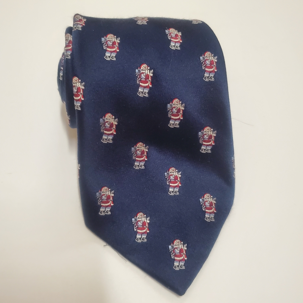 Merona Christmas Tie 100% Silk Blue Navy SANTA Holidays 60